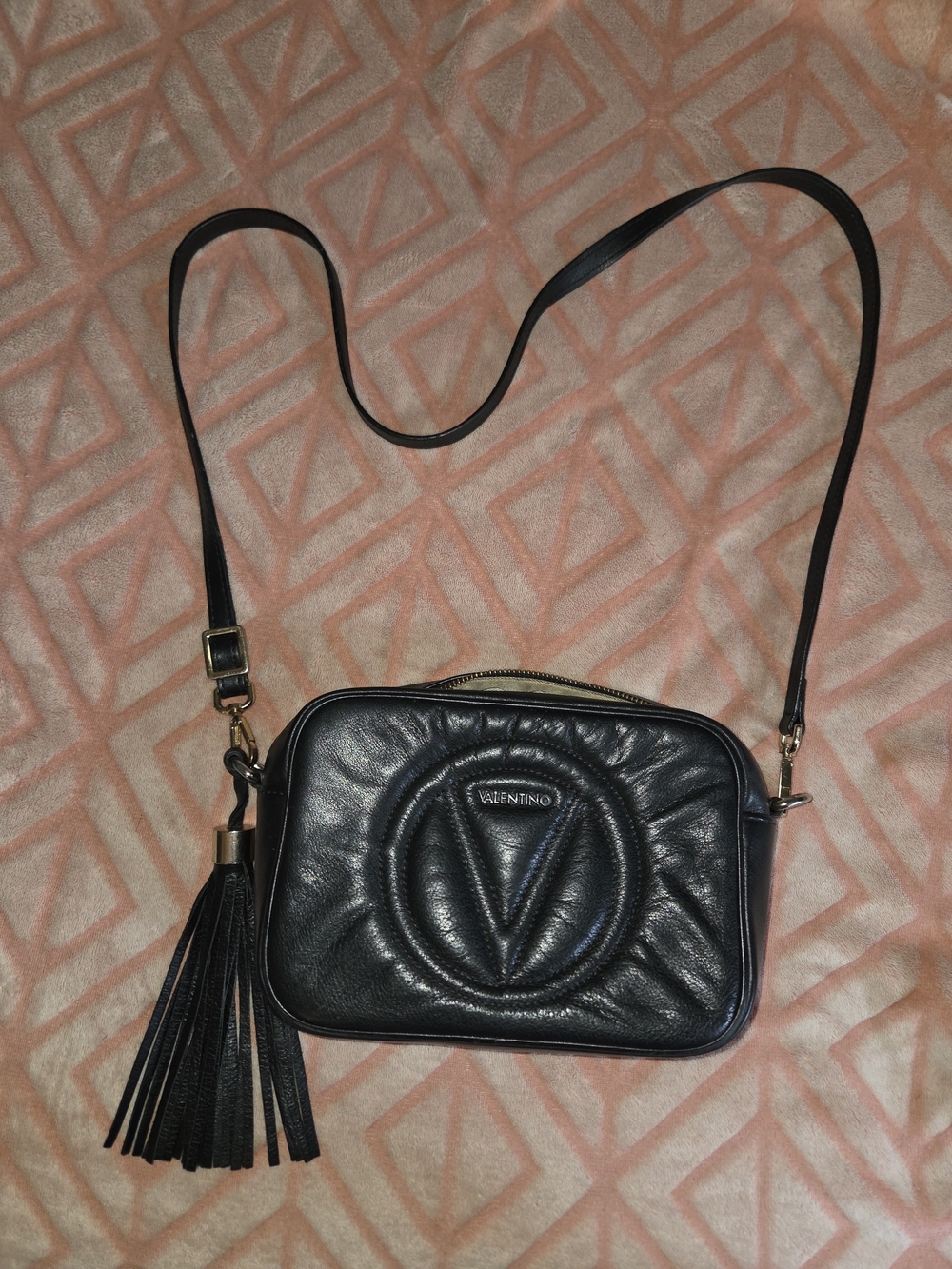 Valentino By Mario Valentino Black Leather Quilted V Logo Crossbody with Tassel